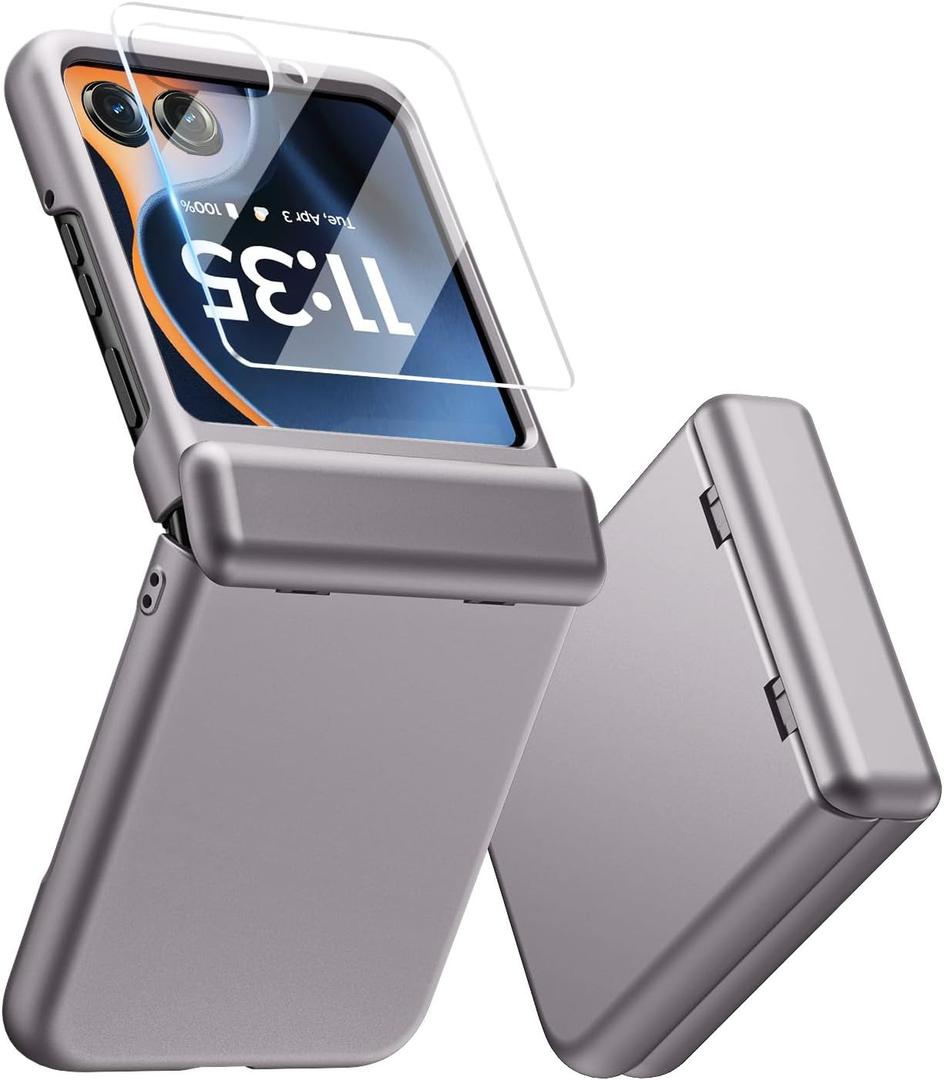 MAKAVO for Motorola Razr 2025 Case, Built-in Outer Screen Protector & Hinge Protection, Slim Fit Hard Full Body Shockproof Phone Cover for Moto Razr 2025, Titanium Gray