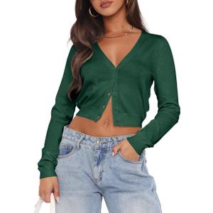 Ezbelle Women's Long Sleeve Open Front Cropped Lightweight Cardigan Sweater Button Down Shirt 2026 Fall Tops (Dark Green), S