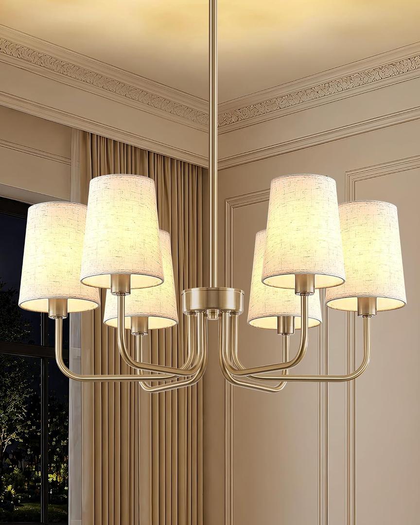 Yunnix 6-Light Champagne Bronze Chandelier, Champagne Chandelier with Linen Shades, No Assembly Required 25" Modern Dining Room Light Fixture for Living Room Kitchen Bedroom Foyer UL Certified
