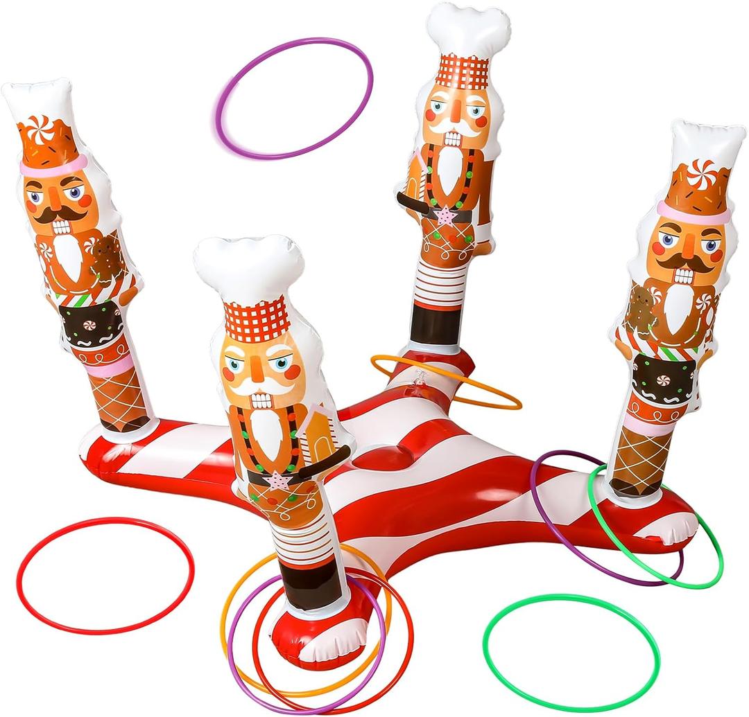 Soaoo Christmas Ring Toss Games for Party Christmas Inflatable Nutcrackers Ring Toss Game with 8 Rings for Xmas Adults Families Gifts Indoor Outdoor Xmas Holiday Party Supplies Decorations
