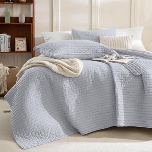 Sanracie Cotton Oversized King Bedspread(128"x120"), Cornflower Blue Soft Stonewashed Extra Large Wide Oversized Quilt Set Cross Stitch Lightweight Crinkle Coverlet Set 3Pcs for All Season, Extra Wide Super King