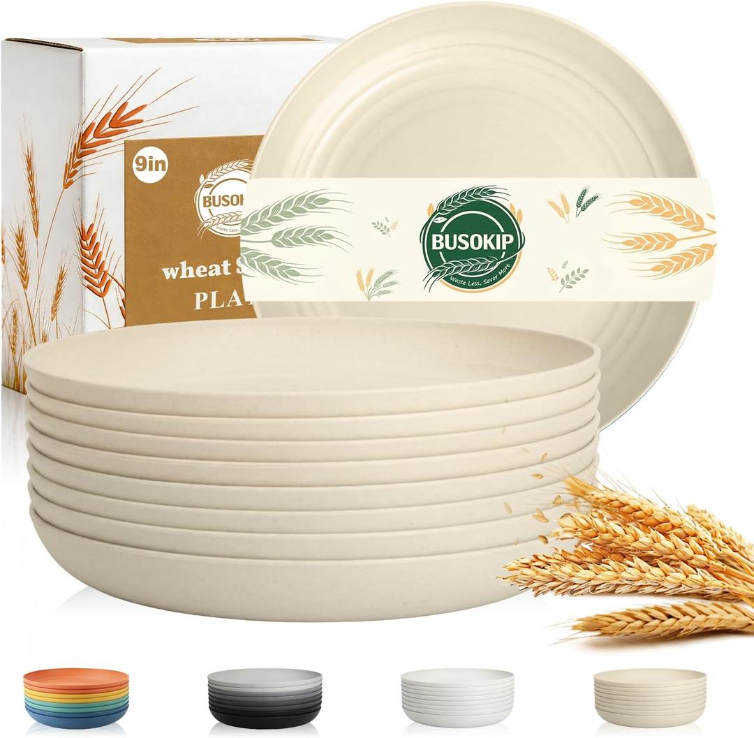 Kitchen Plates Set for 8, Wheat Straw Plate 9 Inch, Unbreakable Party Plates for Salad, Fruit, Bread, Microwave and Dishwasher Safe Round Plate for School, Camping, Kitchen - Beige