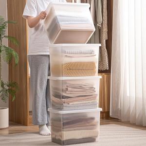 27 Quart Stackable Plastic Storage Bins with Lids, Container to Organize Shoes and Crafts on Closet Shelves, Garage, Totes, Tubs Boxes Organizing 4 Pack (4XL)