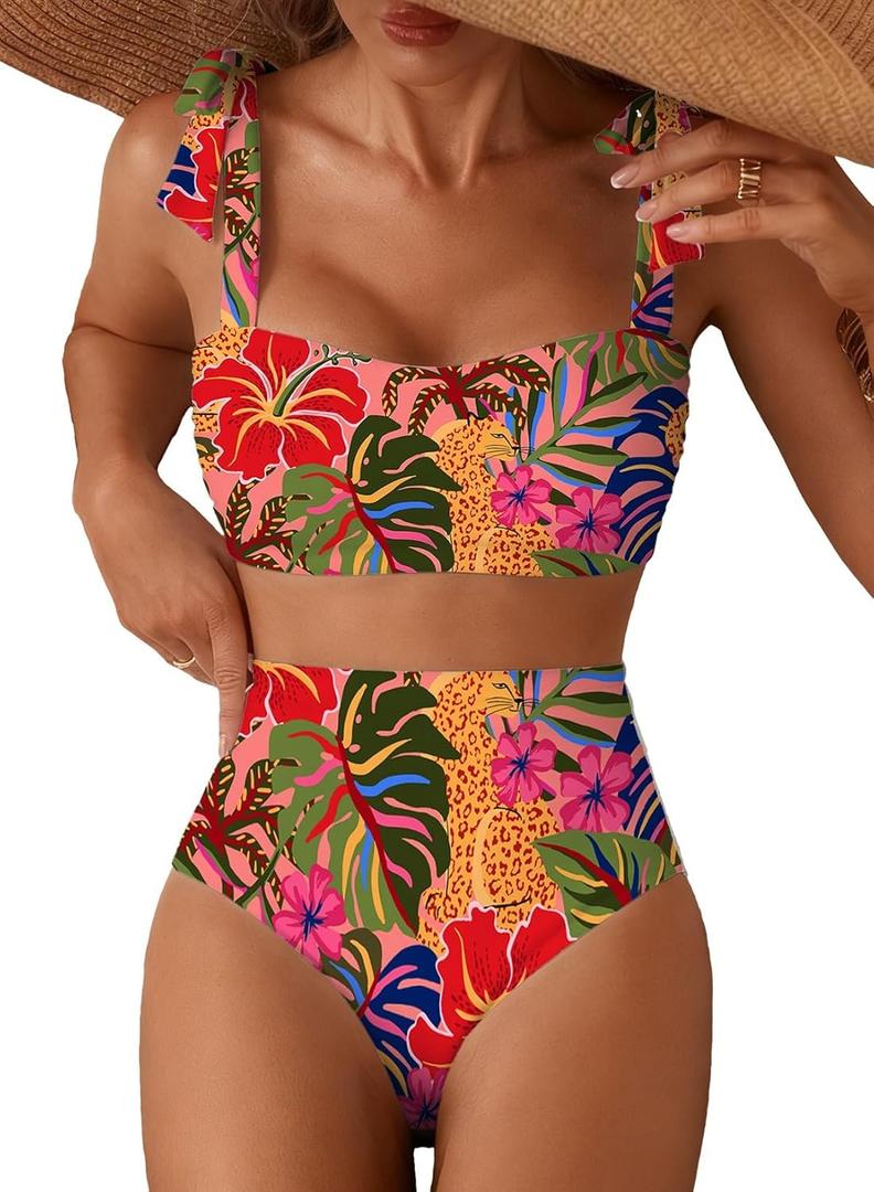Herseas Women's Tie Shoulder Bikini Sets 2 Piece Striped Swimsuits High Waisted Bathing Suits (M)
