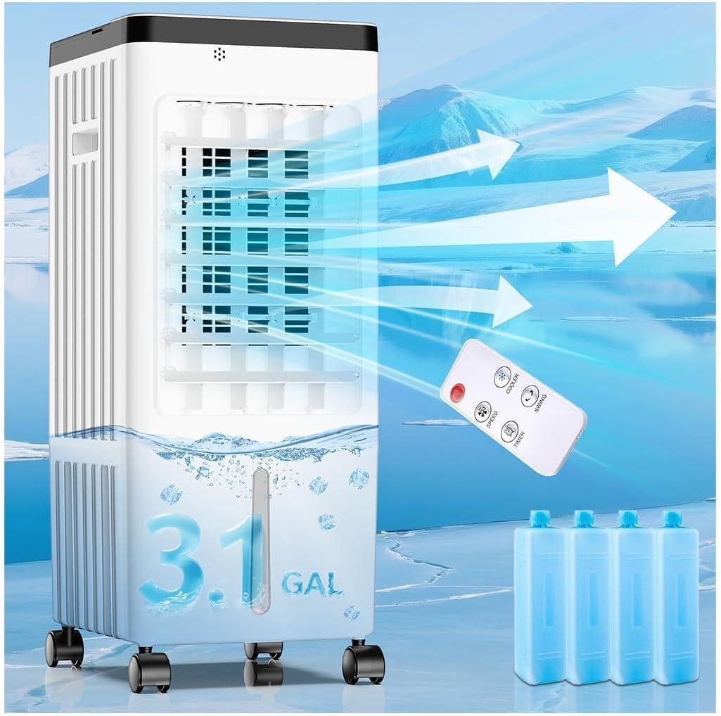 Portable Air Conditioners, Swamp Cooler,Evaporative Air Cooler, Cooling Up to 20H, Windowless Portable Air Conditioners with 4 Ice Pack, Ac Unit for Room Kitchen Bedroom Garage Pets(3.1GAL)