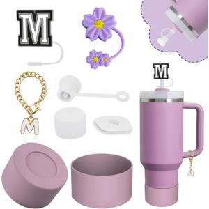2 x Stanley Cup Accessories Set,Including 2 Pcs 0.4in Straw Cover, 1 Silicone Spill-Proof Stopper Set of 3, 1 Name ID Letter Handle Charm, 1 Silicone Cup Boot Fits Stanley 40&30 Oz Tumbler (M)