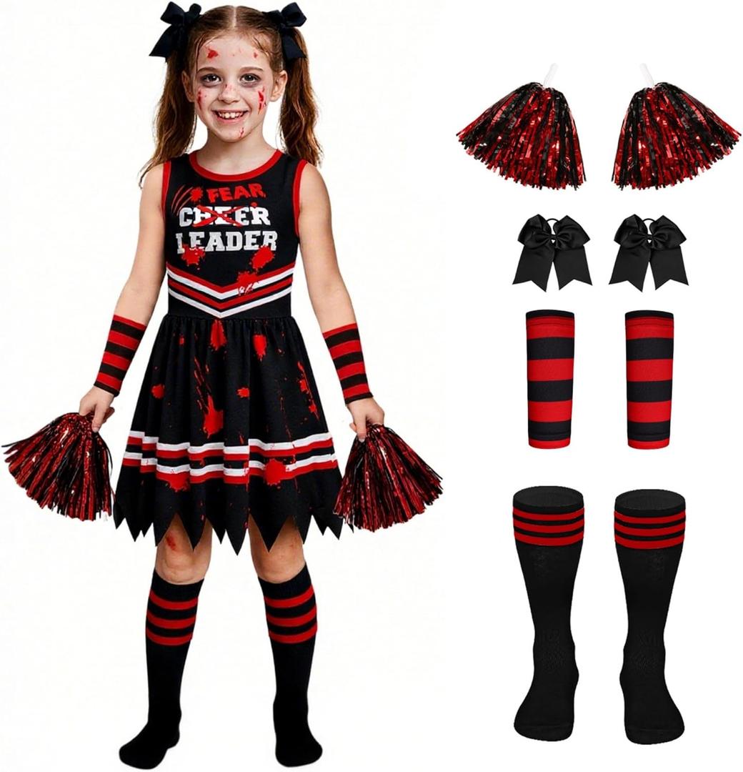 Halloween Cheerleader Costume for Girls, Zombie Cheerleader Costumes Scary Bloody Fear Cheer Leader Outfit for Kids (7-8Y)