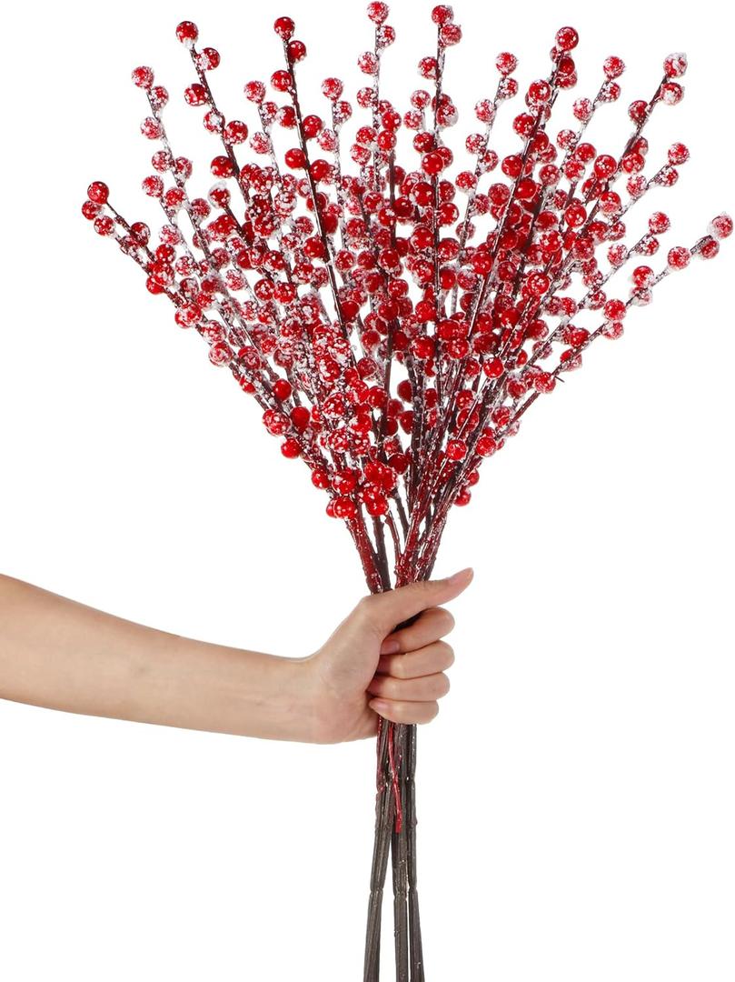 WILLBOND Artificial Red Berry Stems 21.6 Inch Christmas Red Berries Holly Berry Branches for Christmas Tree New Year Decor DIY Craft (8, Snow Slurry Style)