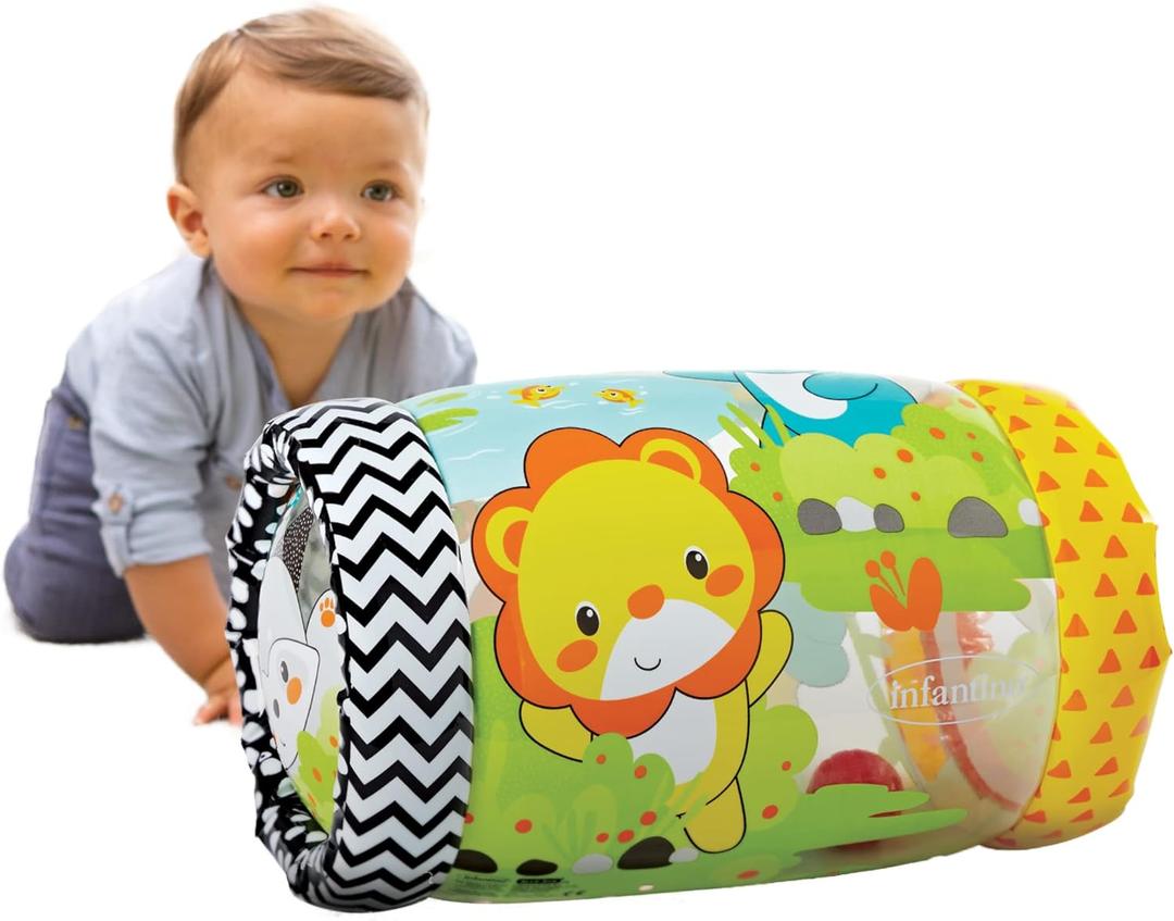 Infantino Jungle Peek & Roll - Encourages Crawling, Inflatable Activity Toy with Bouncing Balls Inside, Fun & Friendly Animal Characters, Helps Gross Motor Skill Development, for Babies 6M+ (Large)