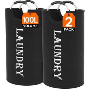 Lifewit 100L 2-Pack Large Laundry Basket, Collapsible Laundry Hamper with Aluminum Handles, Waterproof Freestanding Dirty Clothes Hampers for Laundry Room Bedroom Dorm Bathroom, Black