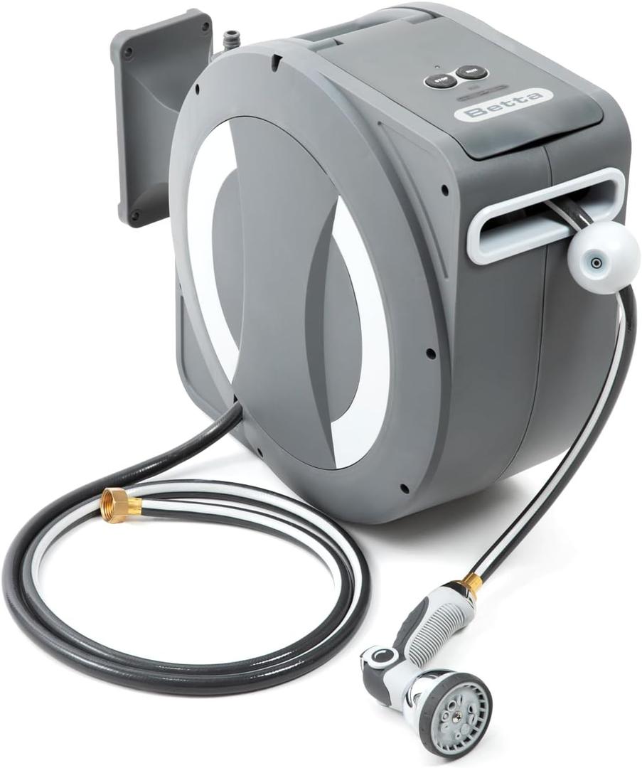 Betta EaseReel Battery-Powered Wall-Mounted Retractable Hose Reel, with Quick-Access Dual Hose Length Control, 8 Spray Patterns Nozzle, Automatic Roll-Up & Tangle-Free Hose Guide (1/2'', 100FT/30m)