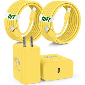 45W Super Fast Charger Type C for Samsung,2Pack USB C Fast Charging Block with 10/6FT Type C Charging Cord for Samsung Galaxy S24/S23/S22,Android,Galaxy Tablet,iPhone 17 16 Pro Max-Yellow