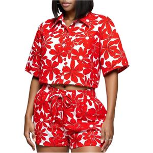 WDIRARA Women's 2 Piece Floral Print Set Short Sleeve Button Down Blouse and Drawstring Shorts Outfits (Red, S)
