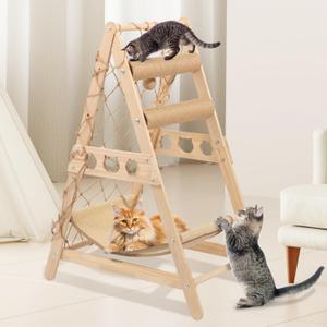 Wooden Cat Tower with Hammock Natural Sisal Climbing Frame Indoor Cat Play Gym for 20 lbs Cats and Kittens - Perfect for Exercise, Training and Release Energy - Keep Furniture Safe