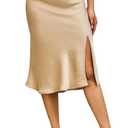 ALCEA ROSEA Women High Waist Silky Satin Midi Skirt Elastic Waist A Line Skirt with Slit