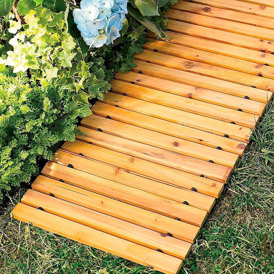 Plow & Hearth 8' Straight Outdoor Wooden Pathway | 17" Wide Rollout Outdoor Garden Walkway | Weather-Resistant Hardwood Cedar Board Walkway Landscape Edging | Decorative Lawn Patio Wedding Party