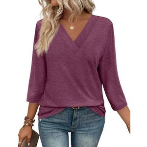 WIHOLL 3/4 Length Sleeve Womens Tops V Neck Casual Tunic Tops Basic Shirts Loose Fit Blouse (X-Large, B Lake Green)