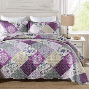 ENJOHOS Purple Queen Quilt - Bedspreads Queen Size, Reversible Patchwork Floral Quilt Bedspread, Lightweight Country Quilts Set with 2 Pillowcase