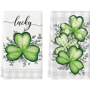 Artoid Mode Plaid Shamrock Eucalyptus St. Patrick's Day Kitchen Towels Dish Towels, 18x26 Inch Lucky Farmhouse Holiday Decoration Hand Towels Set of 2