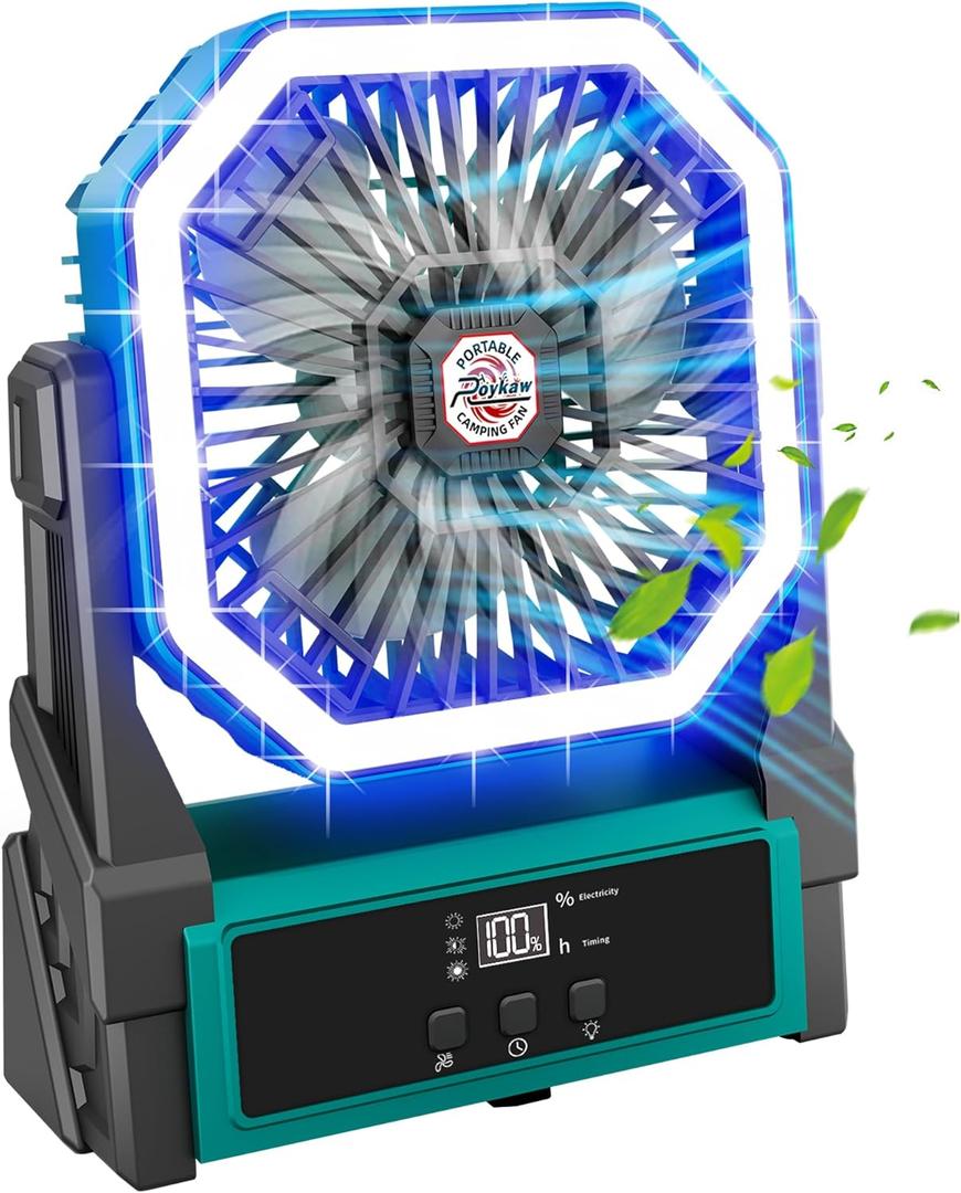 Roykaw Portable Fan Rechargeable 20000 mAh Battery Powered, Cordless Camping Fan w/Ultra-bright LED Lights & Display, 36+ Hrs Work, w/Hang Hook, Handle for Travel, Fishing, GolfingLake Blue