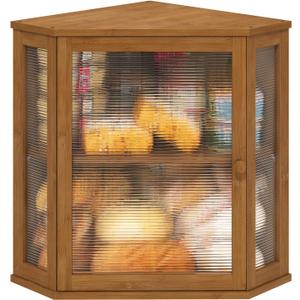 Corner Bread Box for Kitchen Counter, Bamboo Wood Large Capacity Bread Storage Bin with Acrylic Wavy Door Panel (Brown, Extra Large)