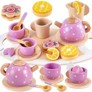 BUYGER Kids Wooden Tea Party Set for Little Girls Toddler Pretend Play Food Kitchen Accessories Princess Birthday Gifts for Ages 3 4 5 Years Old