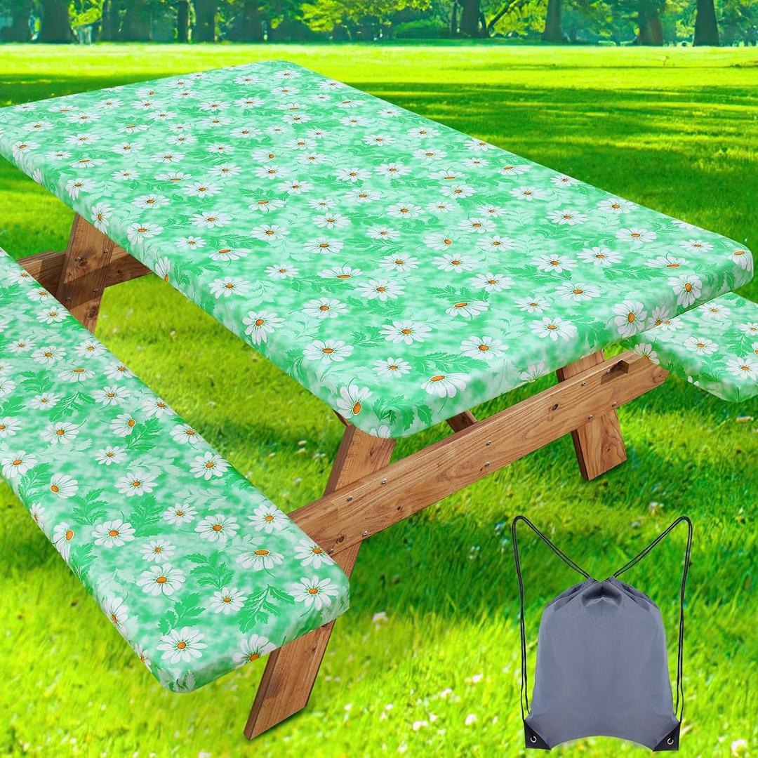 Picnic Table Cover with Bench Cover, Waterproof Elastic Fitted Tablecloth for 8 Foot Tables, Rectangle Washable Polyester Tablecloths for Picnic, Camping, Outdoor (Green Daisy, 30" x 96")