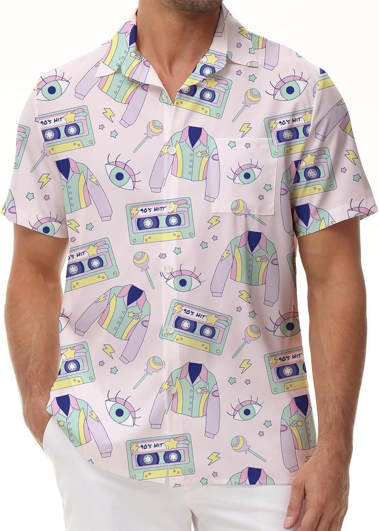 KYKU 80s Costume 90s Clothes Hawaiian Shirt for Men Button Down Shirts Short Sleeve Retro Disco Outfits (XX-Large)
