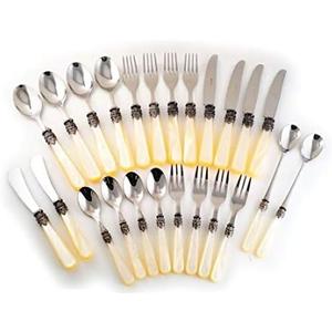 EME Napoleon Cutlery Set Stainless Steel Spoon Fork Knife Coffee Spoon Cake Fork Butter Knife Juice Spoon Ivory 24 pcs Set