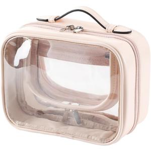 Veki TSA Approved Toiletry Bag Transparent Makeup bag Double Travel Cosmetic bags Case Waterproof Toiletries Bag Large Capacity Open Storage bag Organizer for Women and Girls (Small Pink)