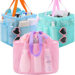 Talltalk 3 Pcs Mesh Shower Caddy Portable with Drawstring Dorm Essentials with 8 Pockets Hanging Shower Caddy Basket Quick Dry Toiletry for College Bathroom, Camping, Swim, Gym (Macarons Color)