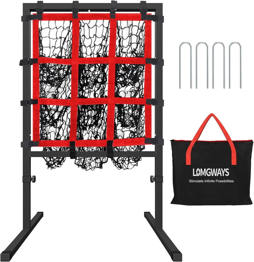 9 Hole Baseball Pitching Net with Strike Zone, Portable Baseball Softball Pitching Target with Adjustable Height, 4 Ground Stakes and Carry Bag for Throwing, Batting and Hitting