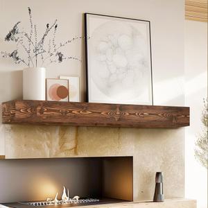 48" Fireplace Mantel, 5'' Thick Handmade Hollow Solid Wood Wall Long Floating Shelf with Invisible Wood Brackets, Brown