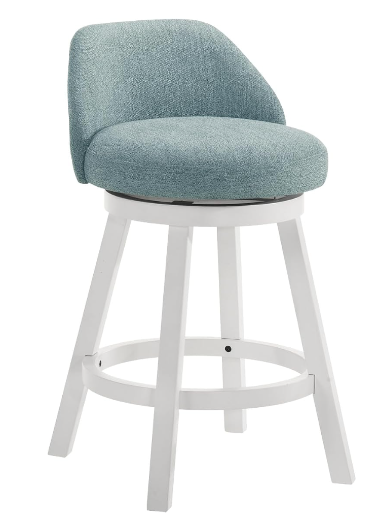Armen Living Erika Modern Transitional Swivel Wood Counter Height Kitchen Bar Stool in White Finish with Light Blue Fabric Upholstered Seat, 1PC