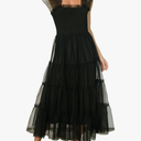 Women's Summer Midi Tulle Dress Sleeveless Smocked Square Neck Ruffle Flowy Party Wedding Guest Dresses