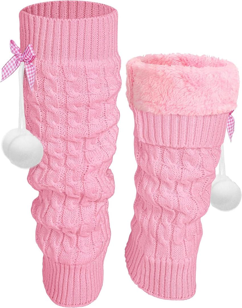 Shihanee Winter Fleece Lined Leg Warmers for Women Long Fluffy Cute Leg Warmers with Bow and Pompom Y2k Kawaii Boot Socks (Pink)