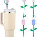 Straw Toppers for Stanley Cup, Cute Straw Cover Cap Compatible with 20 30 40 Oz Tumbler and Water Bottles, 6 8 10mm Straw Accessories, 4Pcs Silicone Rose Flower for Women Kids (Pink Pink Blue White)