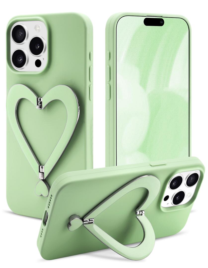 Jusy Case for iPhone 12 Pro Max, Cute Heart with 3D Heart Stand Slim Fit Liquid Silicone Soft Anti-Scratch Microfiber Lining Shockproof Protective Phone Cover for Girly Women Case - Green