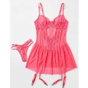 Women's 2-Piece Lingerie Set – Neon Pink Lace Babydoll Chemise, Matching Strappy Garter Dress and Thong Panty, Size M