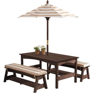 KidKraft Outdoor Wooden Table & Bench Set with Cushions and Umbrella, Kids Backyard Furniture, Espresso with Oatmeal and White Stripe Fabric, 42.25" x 22.75" x 19"