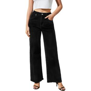 Guaile Women's Wide Leg Jeans High Waisted Stretchy Jeans for Women Straight Raw Hem Loose Casual Denim Black Size 6 Short