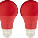 Amazon Basics A19 Red Color Party LED Light Bulbs, 60 Watt Equivalent, Energy Efficient 9W, E26 Standard Base, Non-Dimmable, 10,000 Hour Lifetime, 2-Pack