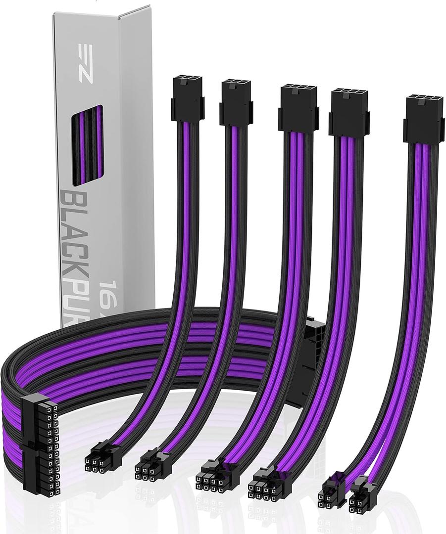 EZDIY-FAB PSU Cable Extension kit Sleeved Cable Custom Power Supply Sleeved Extension 16 AWG 24-PIN 8-PIN 6-PIN 4+4-PIN with Combs- Black/Purple