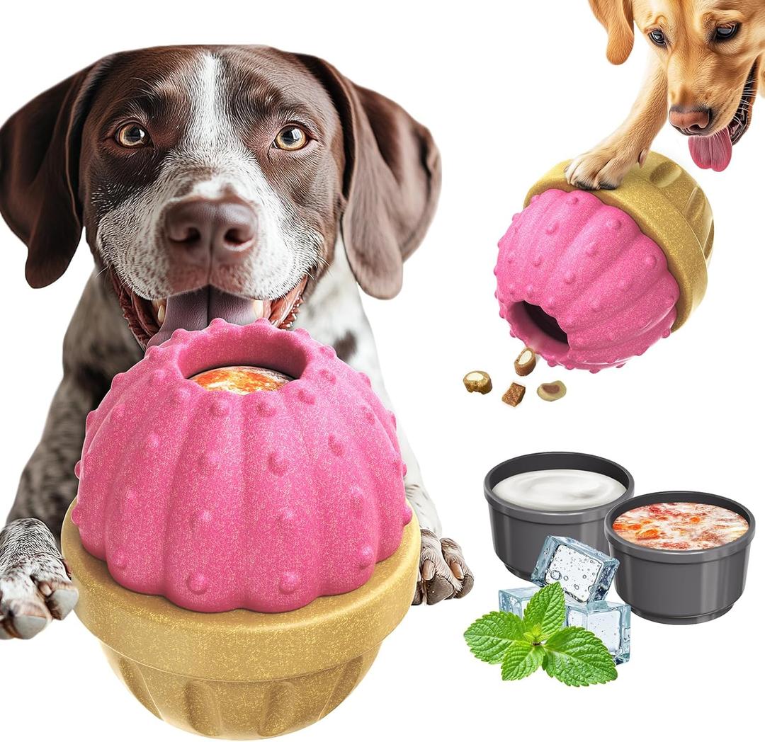 Frozen Treat Dispensing Dog Toy for Aggressive Chewers, Indestructible Chew Toys, Slow Puzzle Feeder for Small Medium Large Breed to Keep Them Busy, Reduces Anxiety, Easy to Clean, Pink