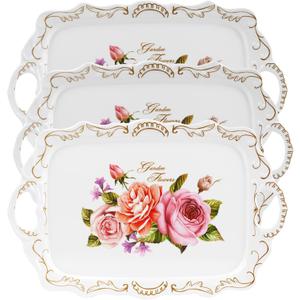 Nicunom 3 Pack Serving Trays with Handles, 16" L x 11" W Rectangular Trays for Eating, Melamine Serving Platters for Party, Floral Tray for Serving Food, Cookies, Desserts, Great Gift