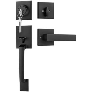 Goldenwarm Front Door Handle and Deadbolt Set, Black Front Door Lock Set with Reversible Handle Lever, Modern Front Door Hardware, Single Cylinder Front Door Entry Lock, Front Door Handles and Locks