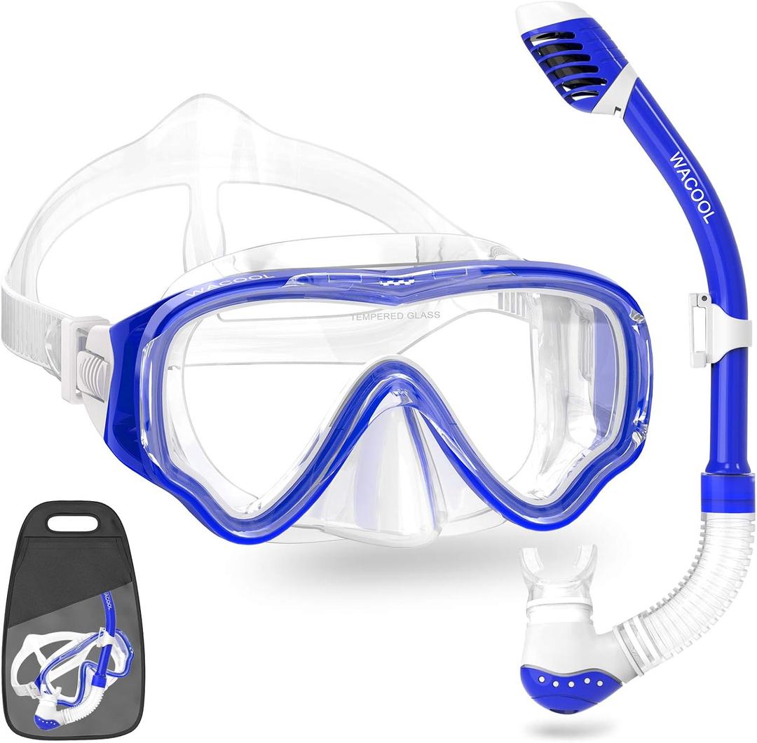 WACOOL Snorkeling Snorkel Diving Scuba Package Set Gear for Kids Youth Junior Anti-Fog Coated Glass with Silicon Mouth Piece Purge Valve and Anti-Splash (DarkBlue)