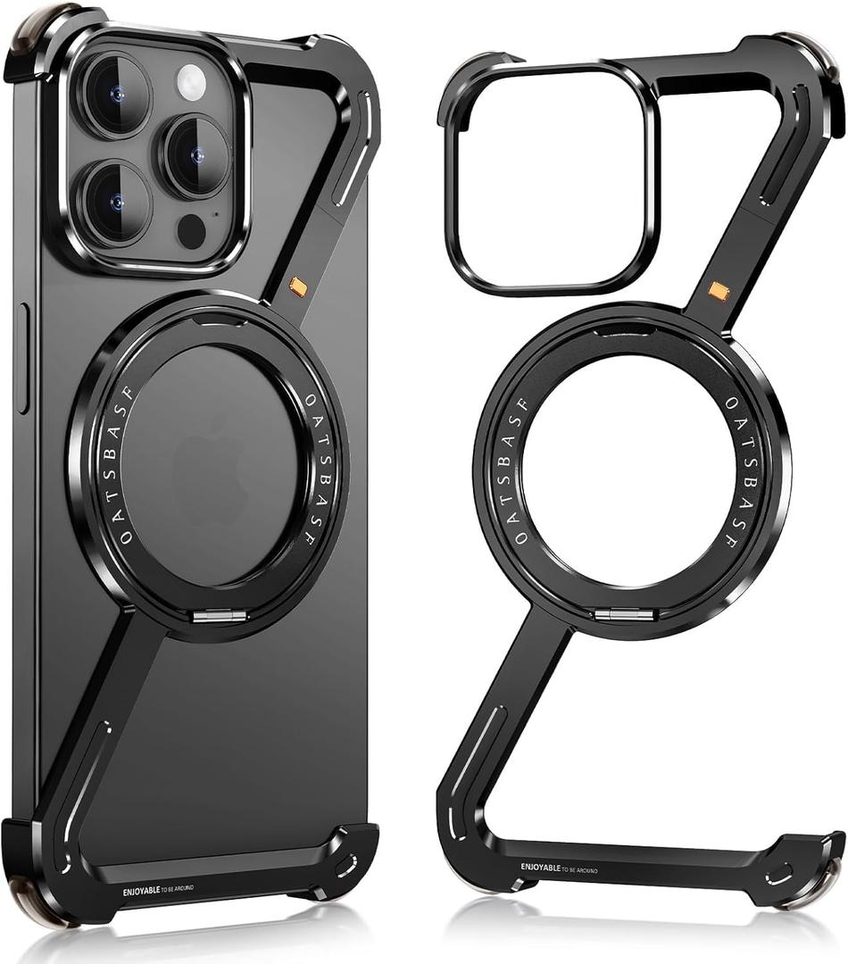 Metal Bumper Case for iPhone 16 Pro Max, Minimalist Z Aluminum Cover Design, Compatible with MagSafe, Ultra Thin Frameless Frame with 360 Rotatable Magnetic Ring, Black Titanium