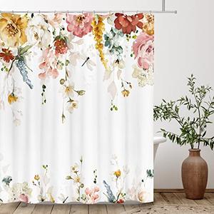 Tititex Aesthetic Blooming Floral Shower Curtain Sets, Watercolor Yellow Red Flowers White Petals Leaves Tropical Bathroom Decorative 72x78 Inch Polyester Waterproof Fabric Bath Curtain with Hooks