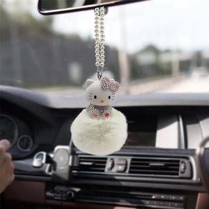 Cute Mirror Charms and Plush Ball Car Accessories for Women,  Crystal and Diamond Cat Rear View Mirror Hanging Ornaments and Decor White